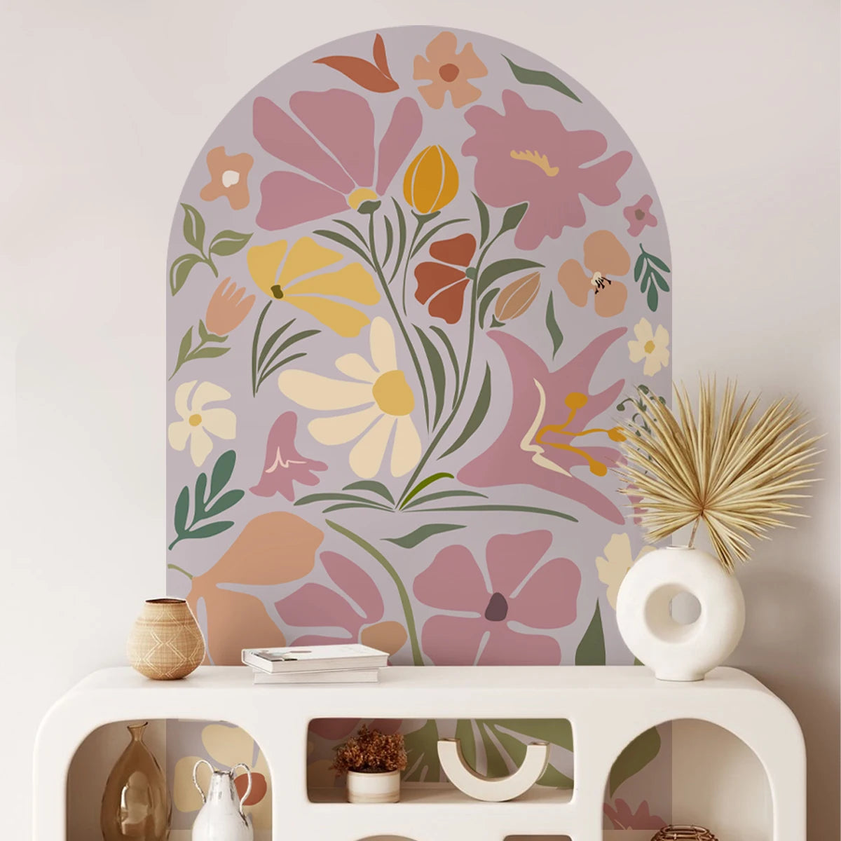 Dreamy Lilac Bloom Arch Wall Mural – Boho Botanical Floral Wall Decal for Serene Bedroom & Creative DIY Living Room Decor