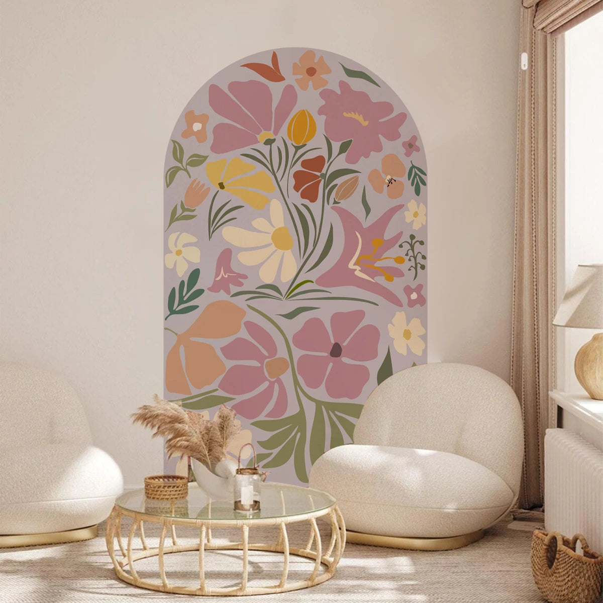 Dreamy Lilac Bloom Arch Wall Mural – Boho Botanical Floral Wall Decal for Serene Bedroom & Creative DIY Living Room Decor