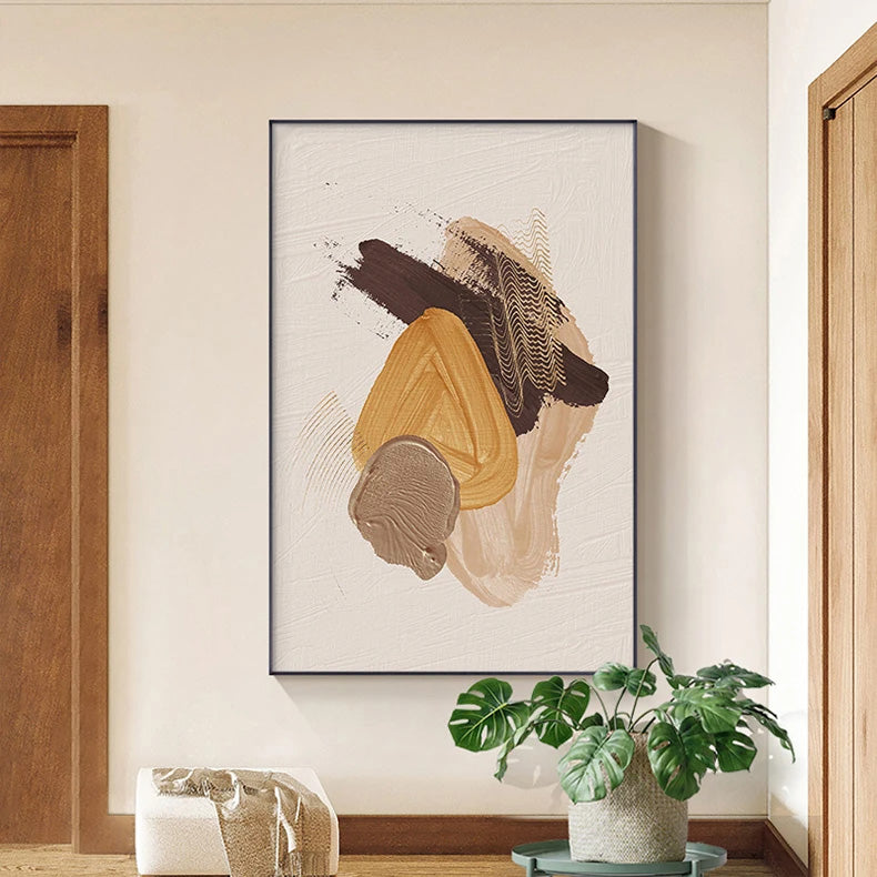 Elegant Earth Tones Abstract Brush Texture Wall Art Fine Art Canvas Prints Triple Harmony of Mustard Yellow, Brown, and Beige – Contemporary Wall Art for Modern Home Decor