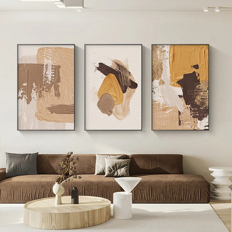 Elegant Earth Tones Abstract Brush Texture Wall Art Fine Art Canvas Prints Triple Harmony of Mustard Yellow, Brown, and Beige – Contemporary Wall Art for Modern Home Decor