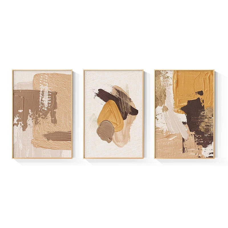 Elegant Earth Tones Abstract Brush Texture Wall Art Fine Art Canvas Prints Triple Harmony of Mustard Yellow, Brown, and Beige – Contemporary Wall Art for Modern Home Decor