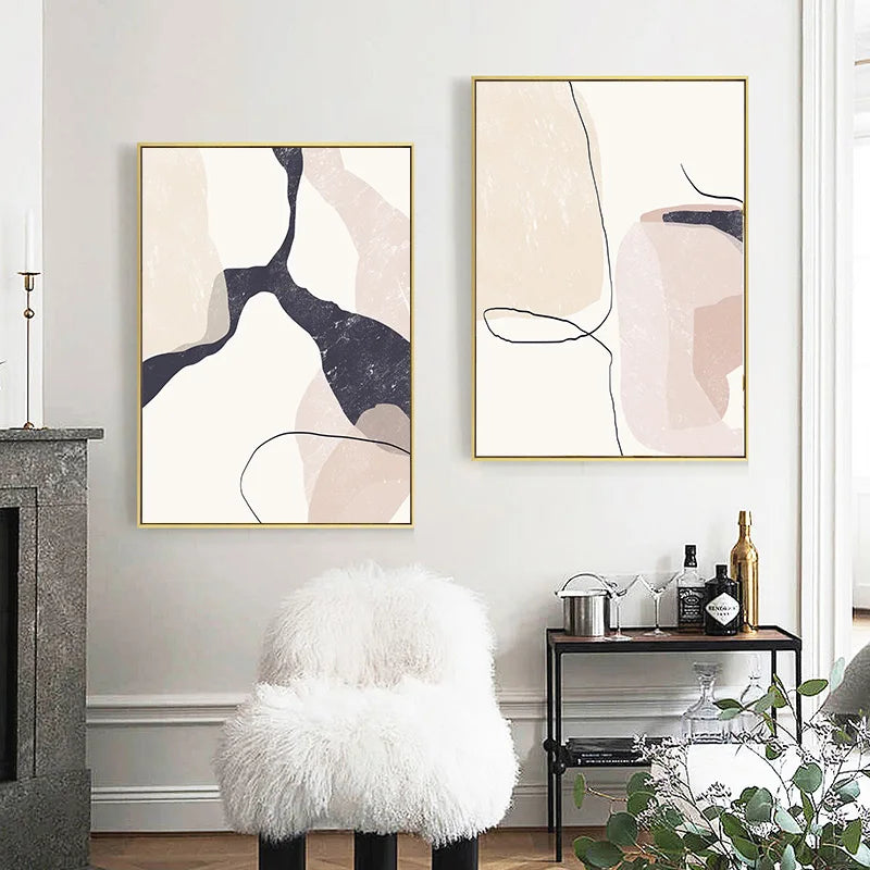 Elegant Minimalist Abstract Wall Art Fine Art Canvas Prints - Organic Shapes and Lines in Beige, Blush, and Black - Perfect for Modern Interiors and Home Decor