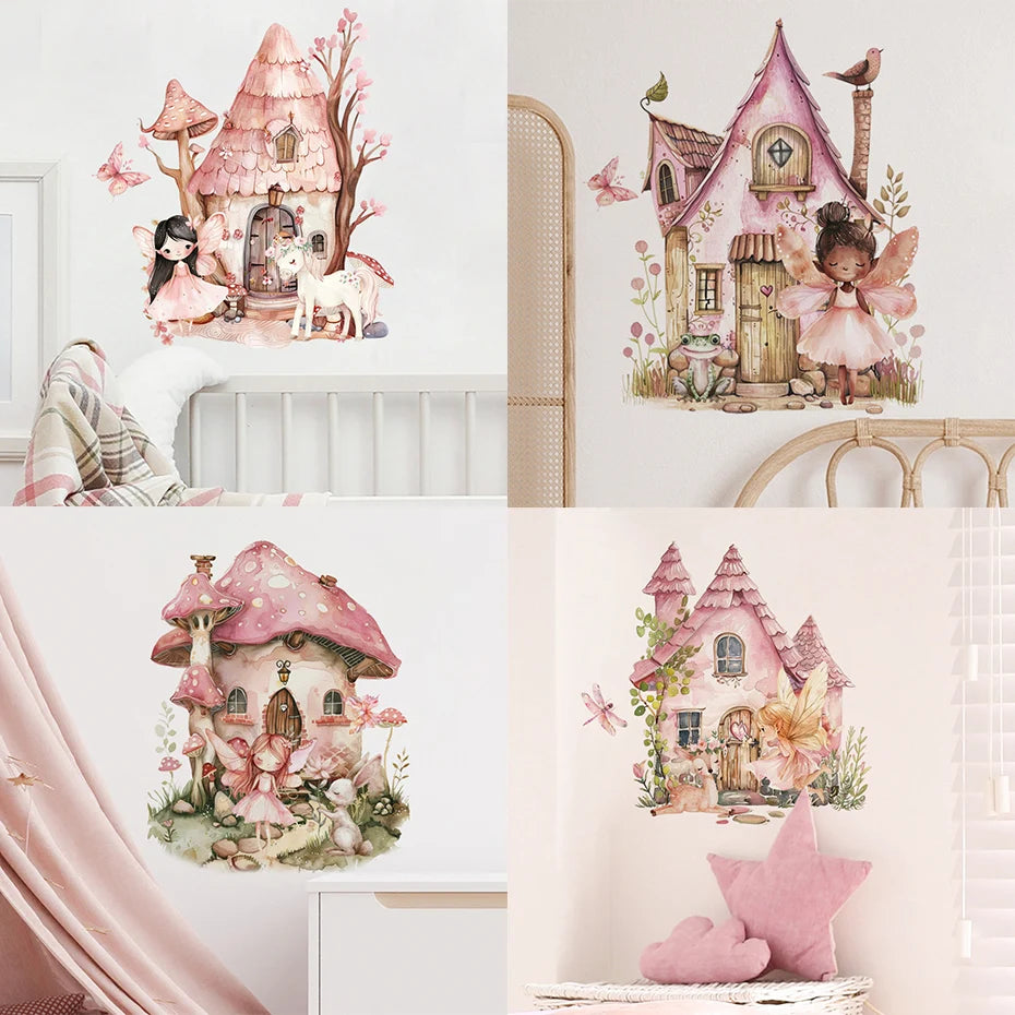 Fairy tale house wall stickers in a child's room setting.