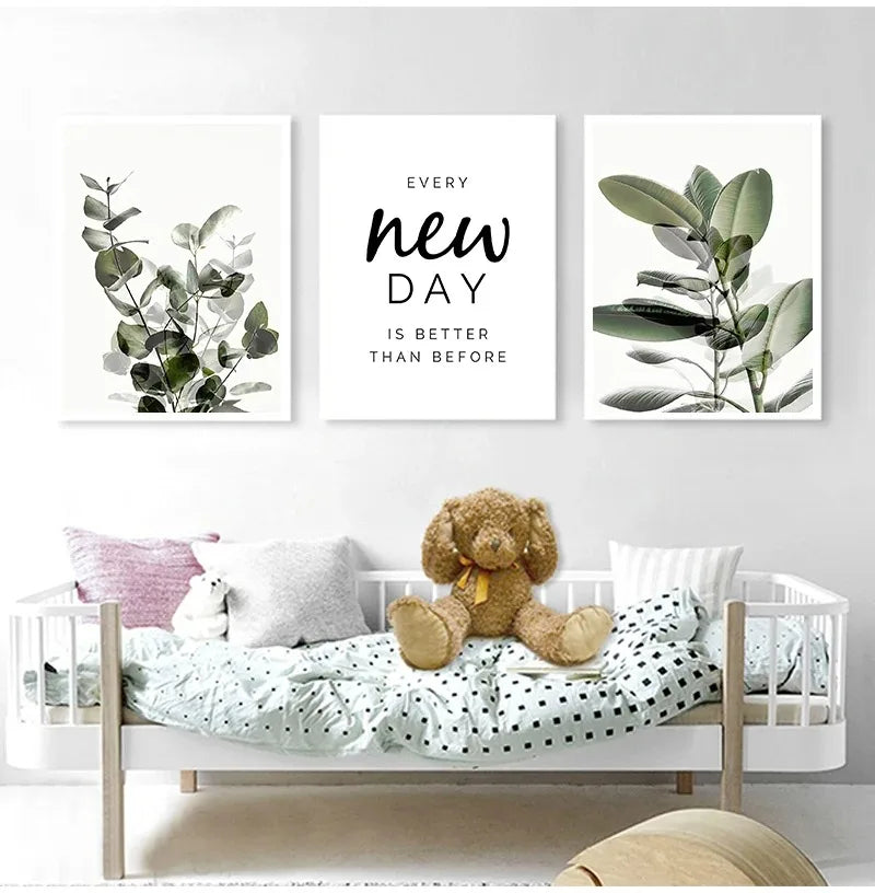 Every New Day Eucalyptus Green Leaves Wall Art Fine Art Canvas Prints Inspirational Quotes Posters Pictures For Living Room Home Office Art Decor