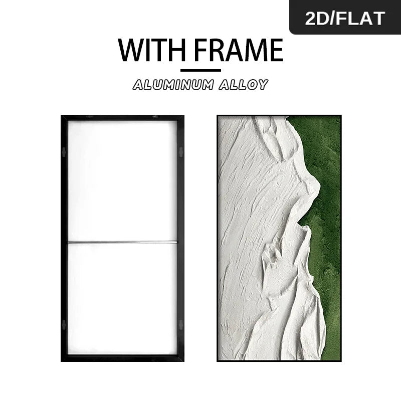 FRAMED Abstract Green White Organic Textural Concept Wall Art - Big Sizes Canvas Prints + Slim Bezel Black Metal Frame