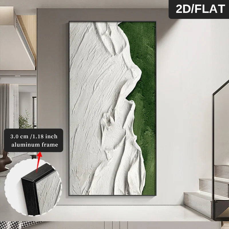 FRAMED Abstract Green White Organic Textural Concept Wall Art - Big Sizes Canvas Prints + Slim Bezel Black Metal Frame