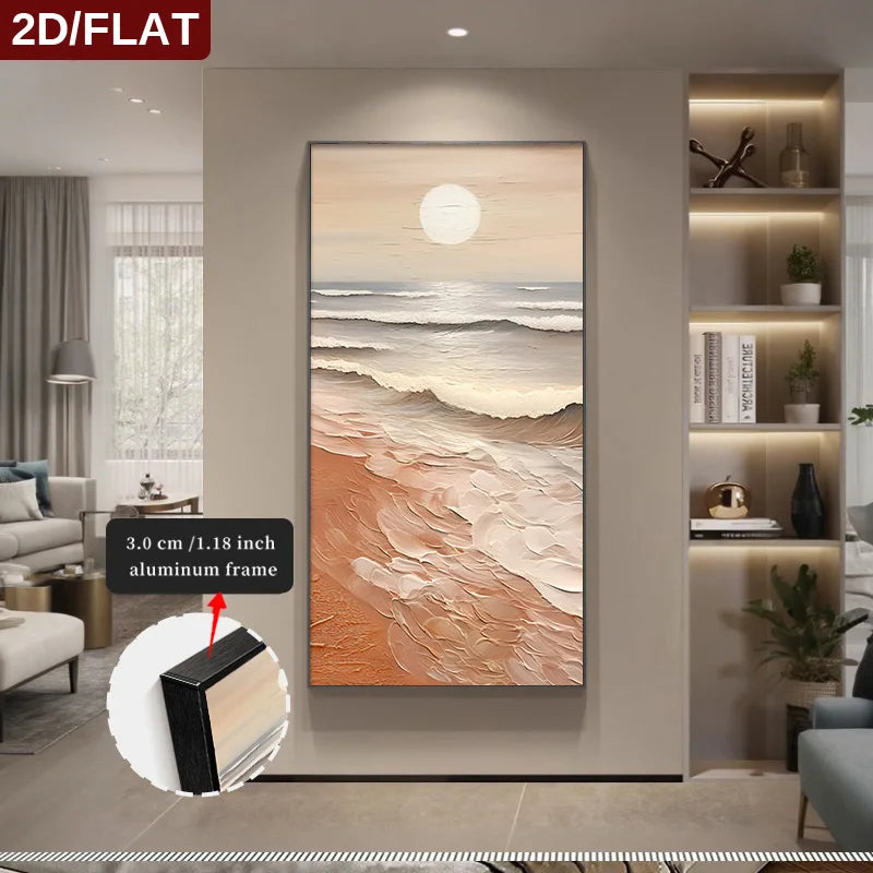 Framed artwork of a beach scene in a living room setting with a 2D/FLAT label.