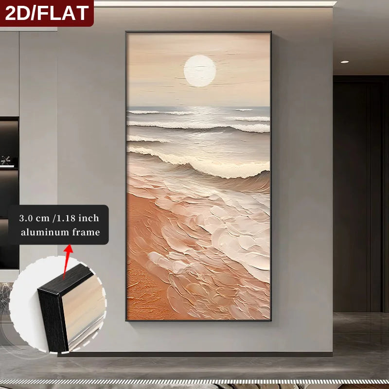 Framed abstract artwork of a beach scene with a moon on a wall.