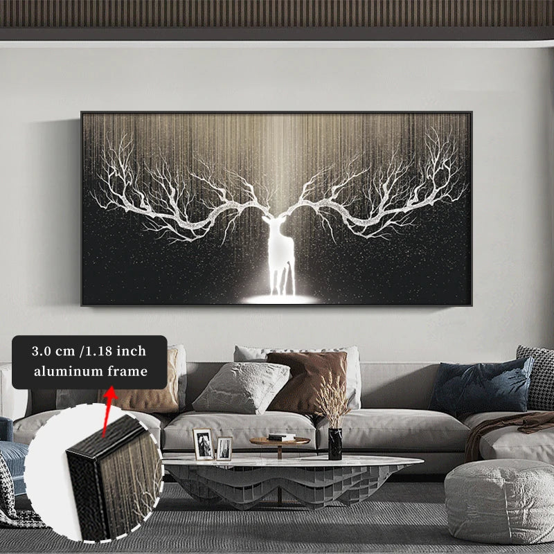 FRAMED Auspicious Deer Antlers Tree Branches Abstract Wall Art - Big Sizes Canvas Prints + Slim Bezel Black Metal Frame