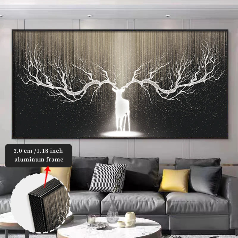Large wall art of two deer with antlers in a living room setting.