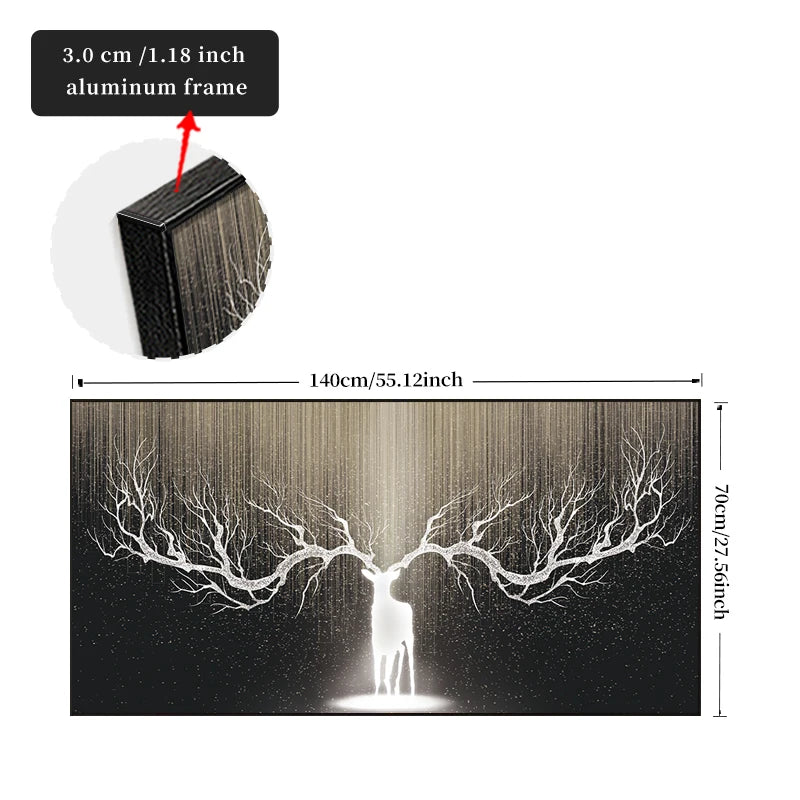 FRAMED Auspicious Deer Antlers Tree Branches Abstract Wall Art - Big Sizes Canvas Prints + Slim Bezel Black Metal Frame