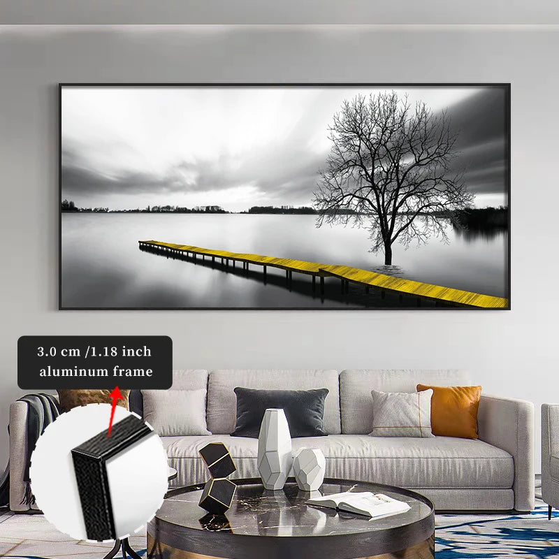 FRAMED Calming Lake Pier Landscape Wall Art - Big Sizes Yellow Black White Canvas Print + Slim Bezel Black Metal Frame