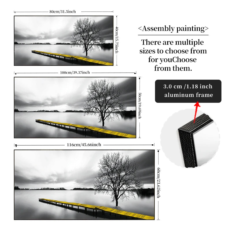 FRAMED Calming Lake Pier Landscape Wall Art - Big Sizes Yellow Black White Canvas Print + Slim Bezel Black Metal Frame