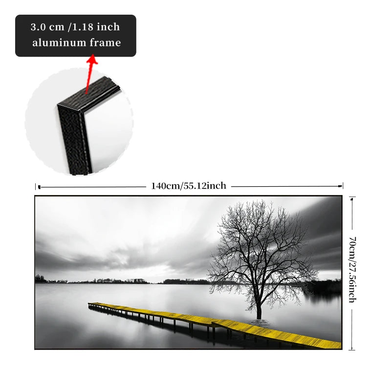 FRAMED Calming Lake Pier Landscape Wall Art - Big Sizes Yellow Black White Canvas Print + Slim Bezel Black Metal Frame