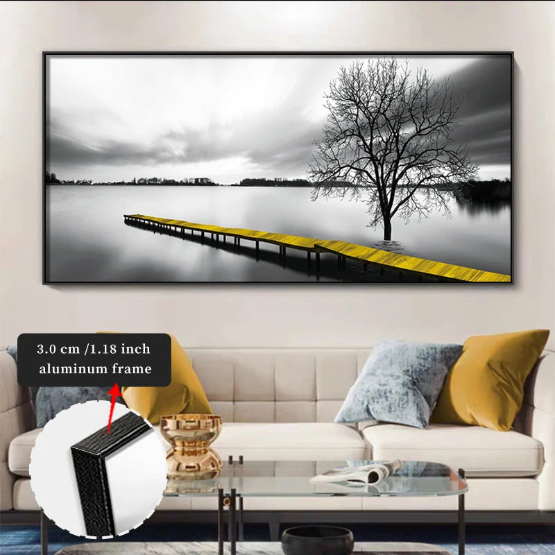FRAMED Calming Lake Pier Landscape Wall Art - Big Sizes Yellow Black White Canvas Print + Slim Bezel Black Metal Frame