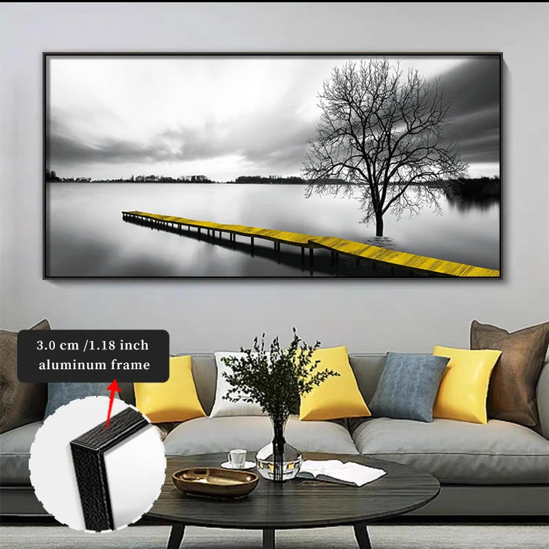FRAMED Calming Lake Pier Landscape Wall Art - Big Sizes Yellow Black White Canvas Print + Slim Bezel Black Metal Frame