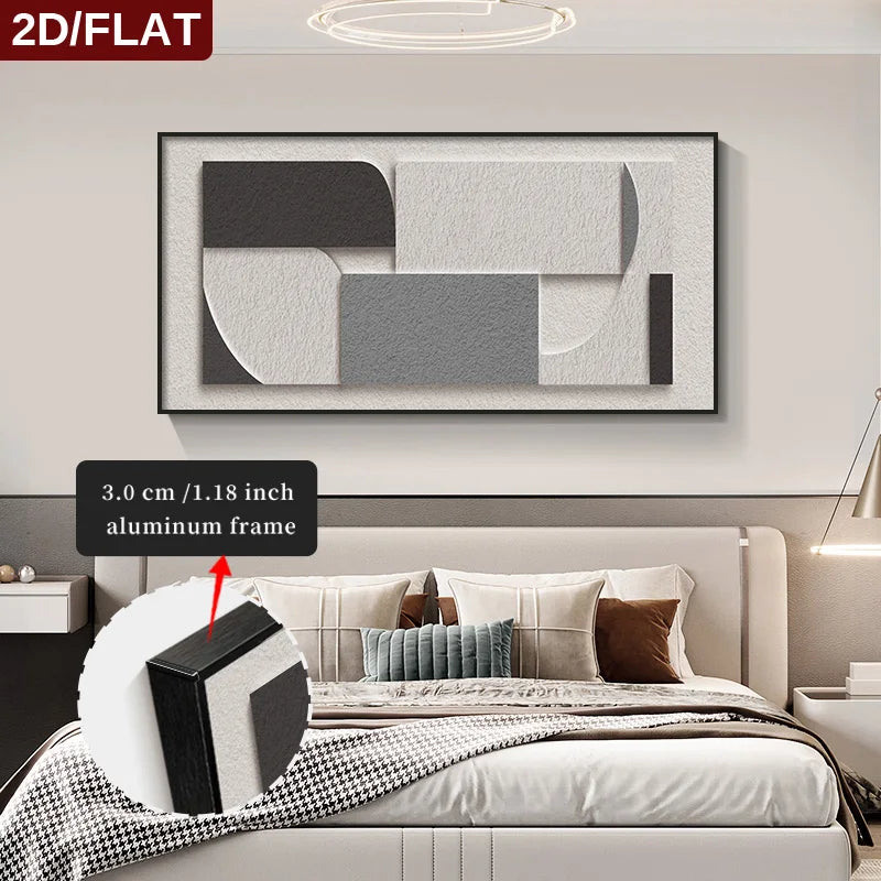 FRAMED Geometric Abstract Wall Art - Big Sizes Neutral Colors Canvas Print + Slim Bezel Black Metal Frame