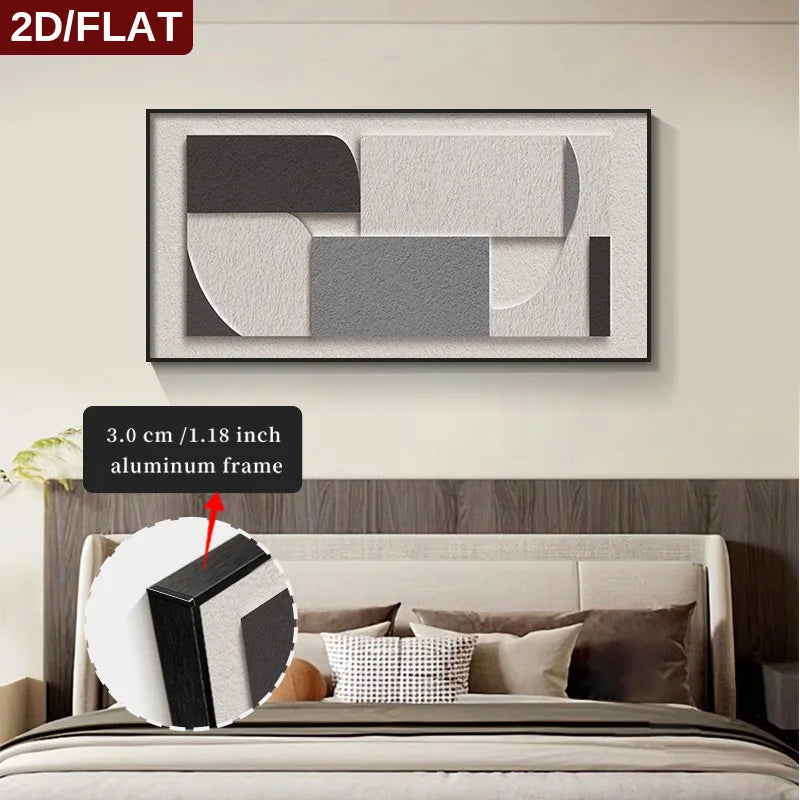 FRAMED Geometric Abstract Wall Art - Big Sizes Neutral Colors Canvas Print + Slim Bezel Black Metal Frame