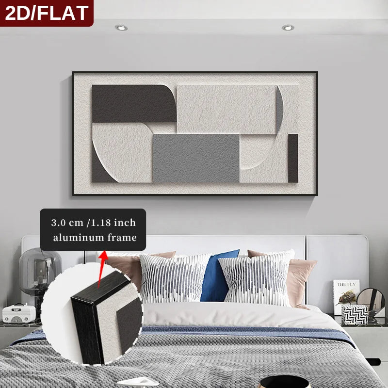 FRAMED Geometric Abstract Wall Art - Big Sizes Neutral Colors Canvas Print + Slim Bezel Black Metal Frame