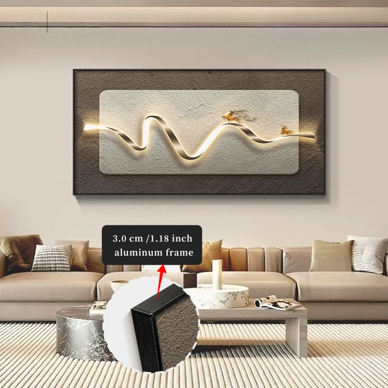 Decorative wall art with a 3.0 cm / 1.18 inch aluminum frame in a living room setting.
