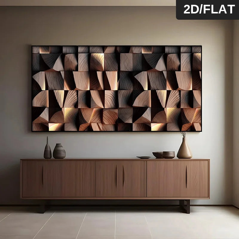 Wooden sideboard with decorative vases in a room with a large wall-mounted abstract art piece.