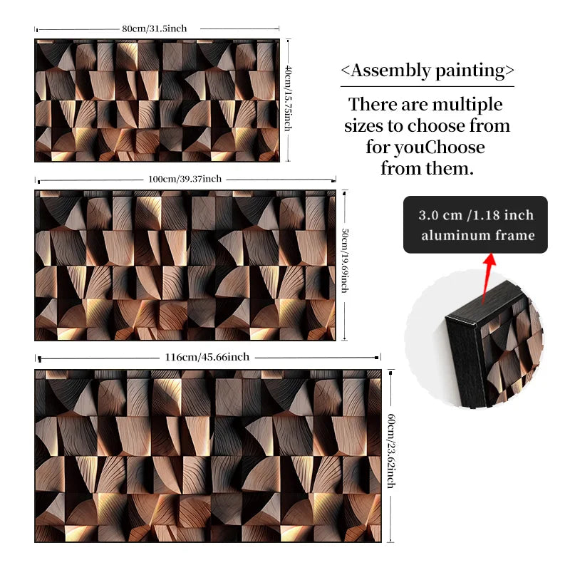 Geometric patterned wall art with dimensions and an aluminum frame detail on a white background.