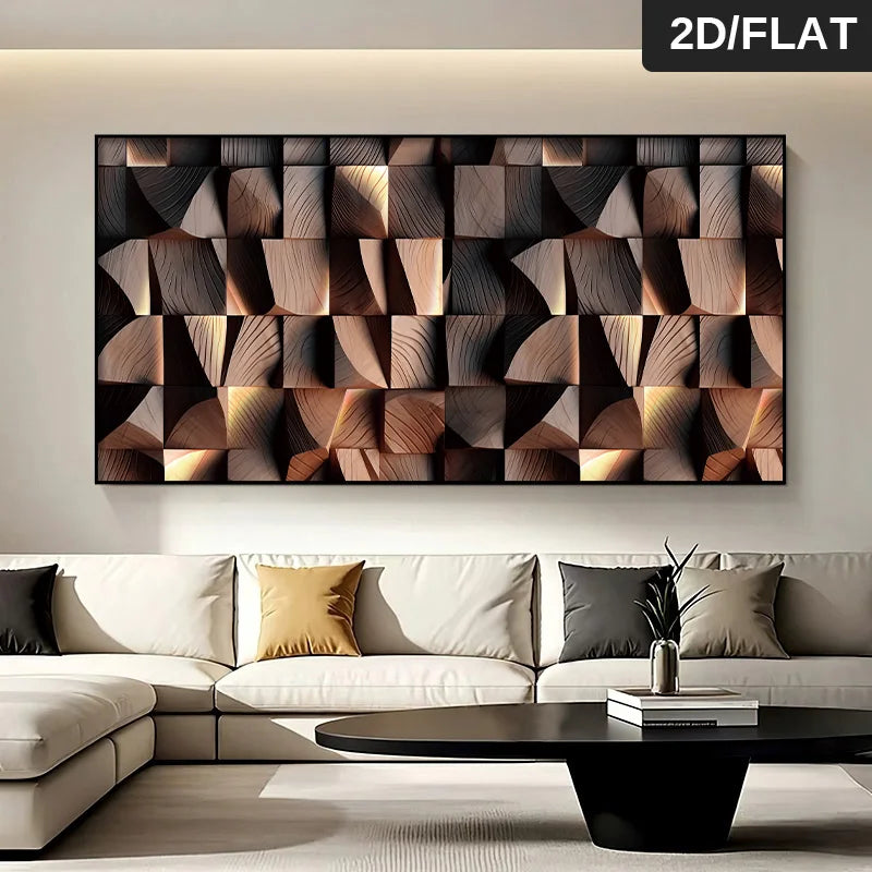 Modern living room with a large abstract wall art piece above a sofa.