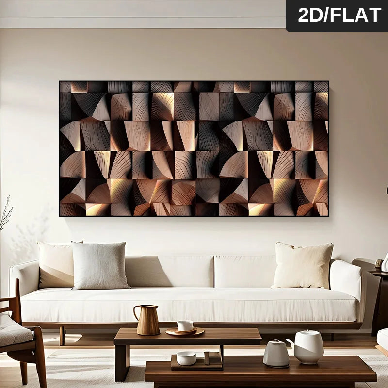 Living room with a large abstract wooden wall art piece above a white sofa.