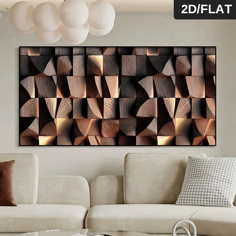 Abstract wall art with geometric patterns on a light gray wall above a beige sofa.