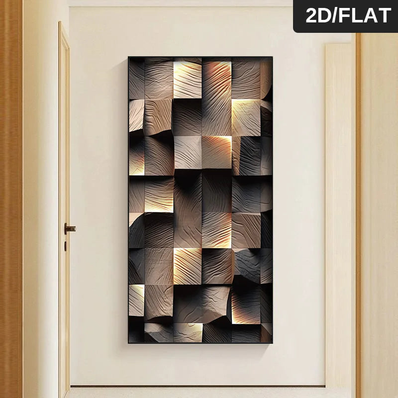 FRAMED Modern Aesthetics Abstract Geometric Wood Block Design - Big Sizes Canvas Print + Slim Bezel Black Metal Frame