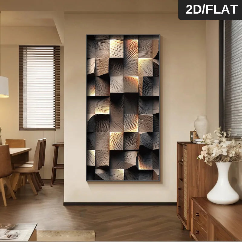 FRAMED Modern Aesthetics Abstract Geometric Wood Block Design - Big Sizes Canvas Print + Slim Bezel Black Metal Frame