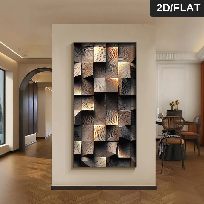 FRAMED Modern Aesthetics Abstract Geometric Wood Block Design - Big Sizes Canvas Print + Slim Bezel Black Metal Frame