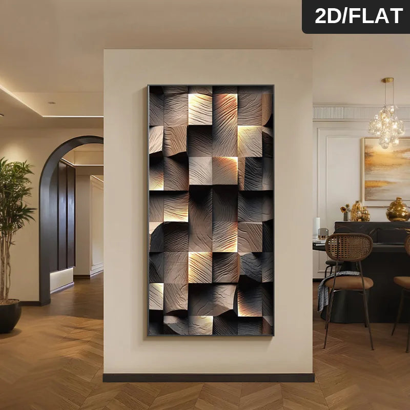 FRAMED Modern Aesthetics Abstract Geometric Wood Block Design - Big Sizes Canvas Print + Slim Bezel Black Metal Frame