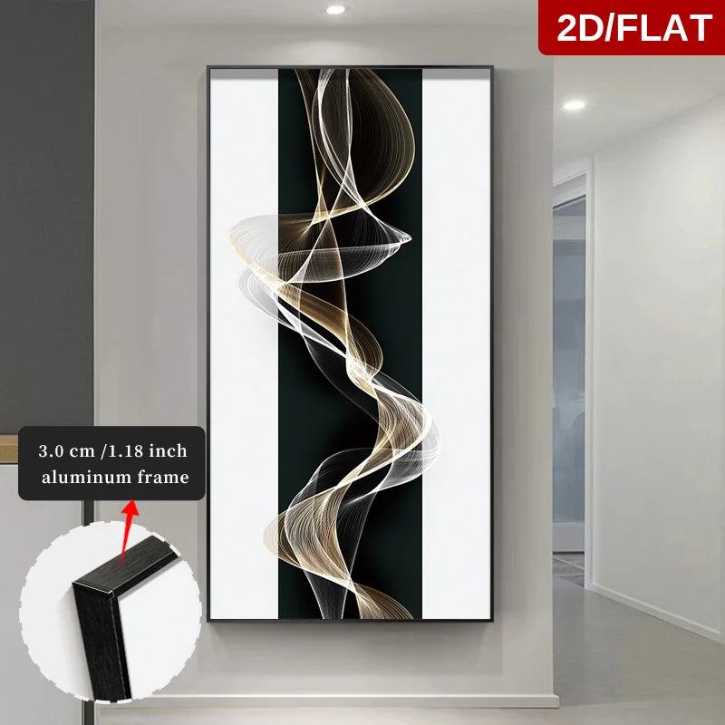 Decorative wall art with a black and white abstract design in a modern interior setting.