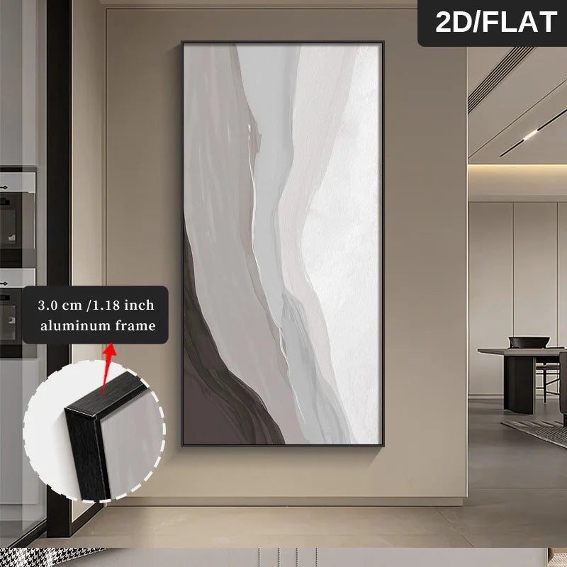 Abstract wall art with a thin black frame in a modern interior setting