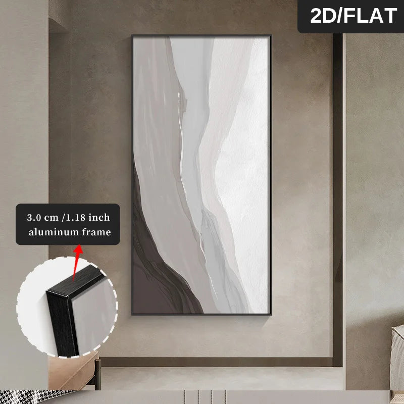 Abstract art piece in a black frame on a wall with a close-up of the frame's thickness.