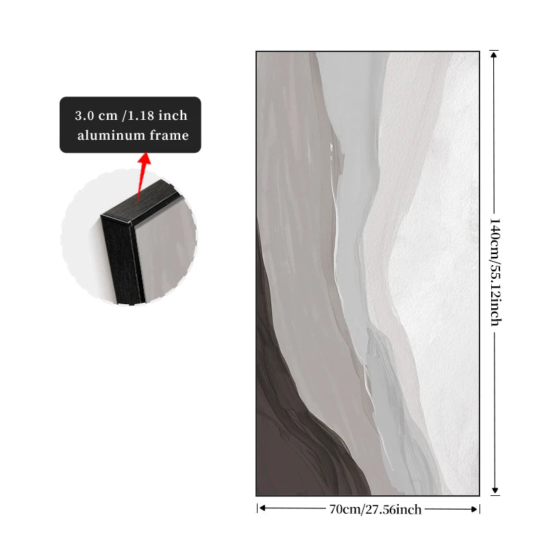 Wall art with a black frame labeled '3.0 cm / 1.18 inch aluminum frame' and dimensions indicated.