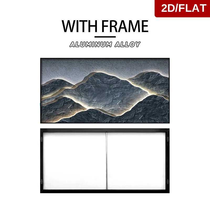 Framed artwork of mountains with text indicating 'With Frame' and 'Aluminum Alloy'.