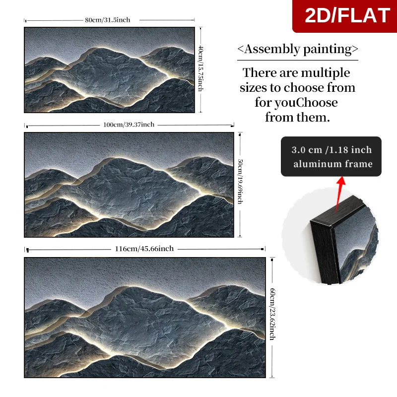 Dimensions and assembly instructions for a 3D wall art piece with a mountain landscape design.