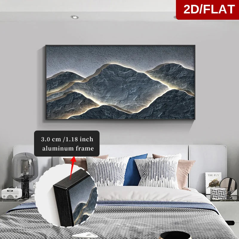 Wall art of mountains with a 2D/Flat label above it, displayed in a bedroom.