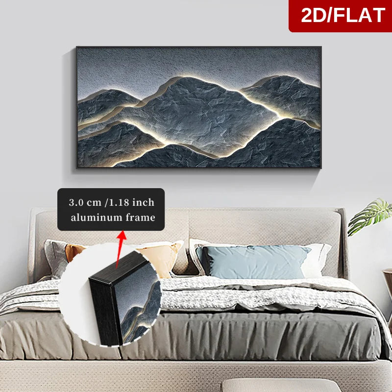 Wall art of mountains with a 2D/flat label above a bed in a bedroom.