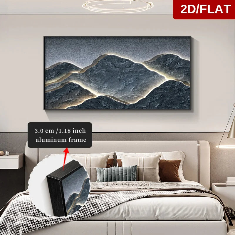 Mountainscape painting on a wall above a bed with a 2D/Flat label.