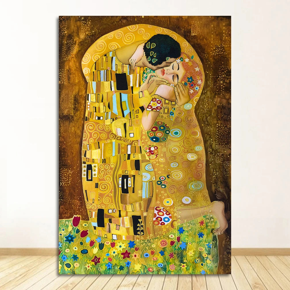 Famous Paintings Klimpt Kiss Fine Art Canvas Print Wall Art Classical Pictures For Living Room Dining Room Foyer Art Decor