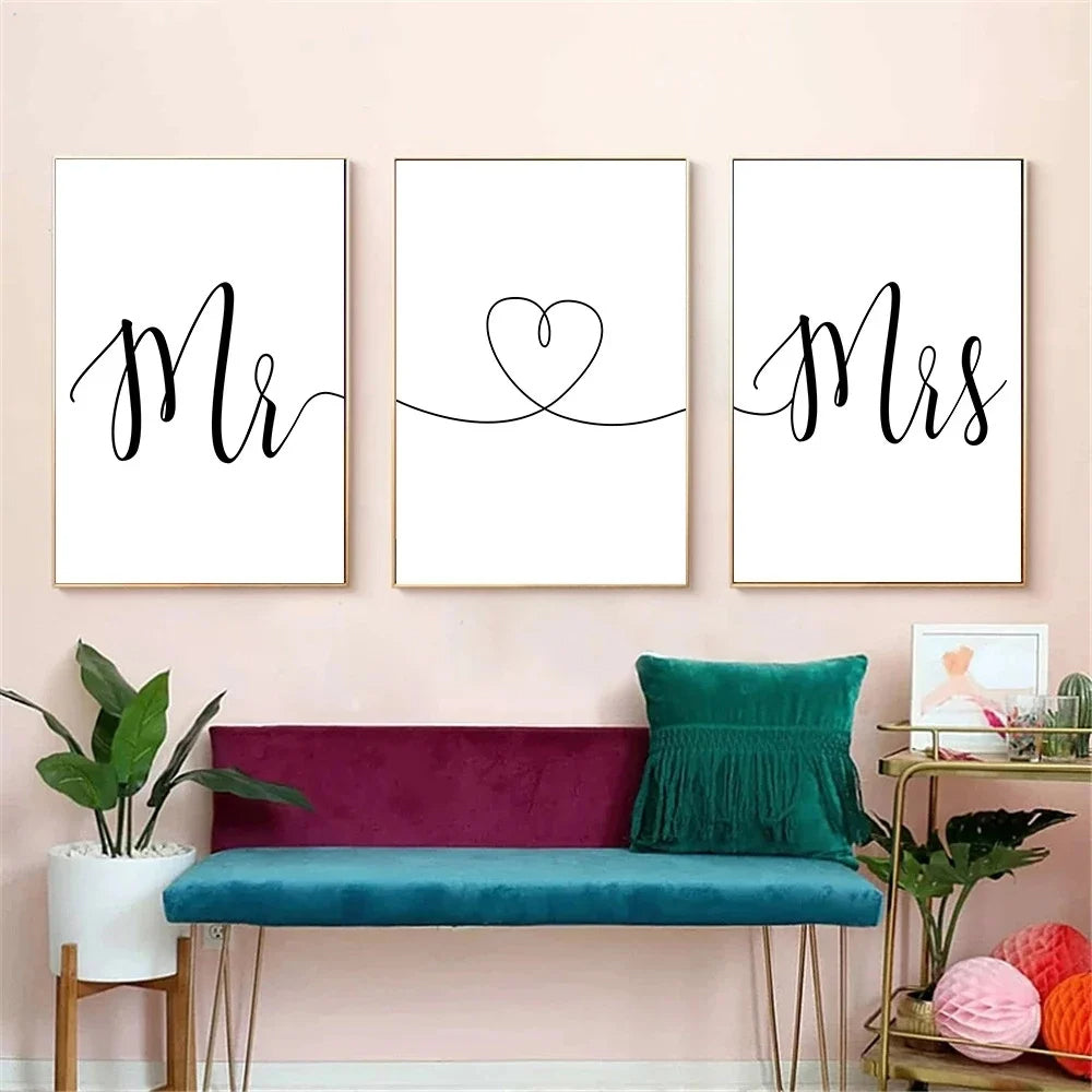 Mr & Mrs Love Heart Posters Black White Wall Art Fine Art Canvas Prints Minimalist Pictures For Bedroom Living Room Decor