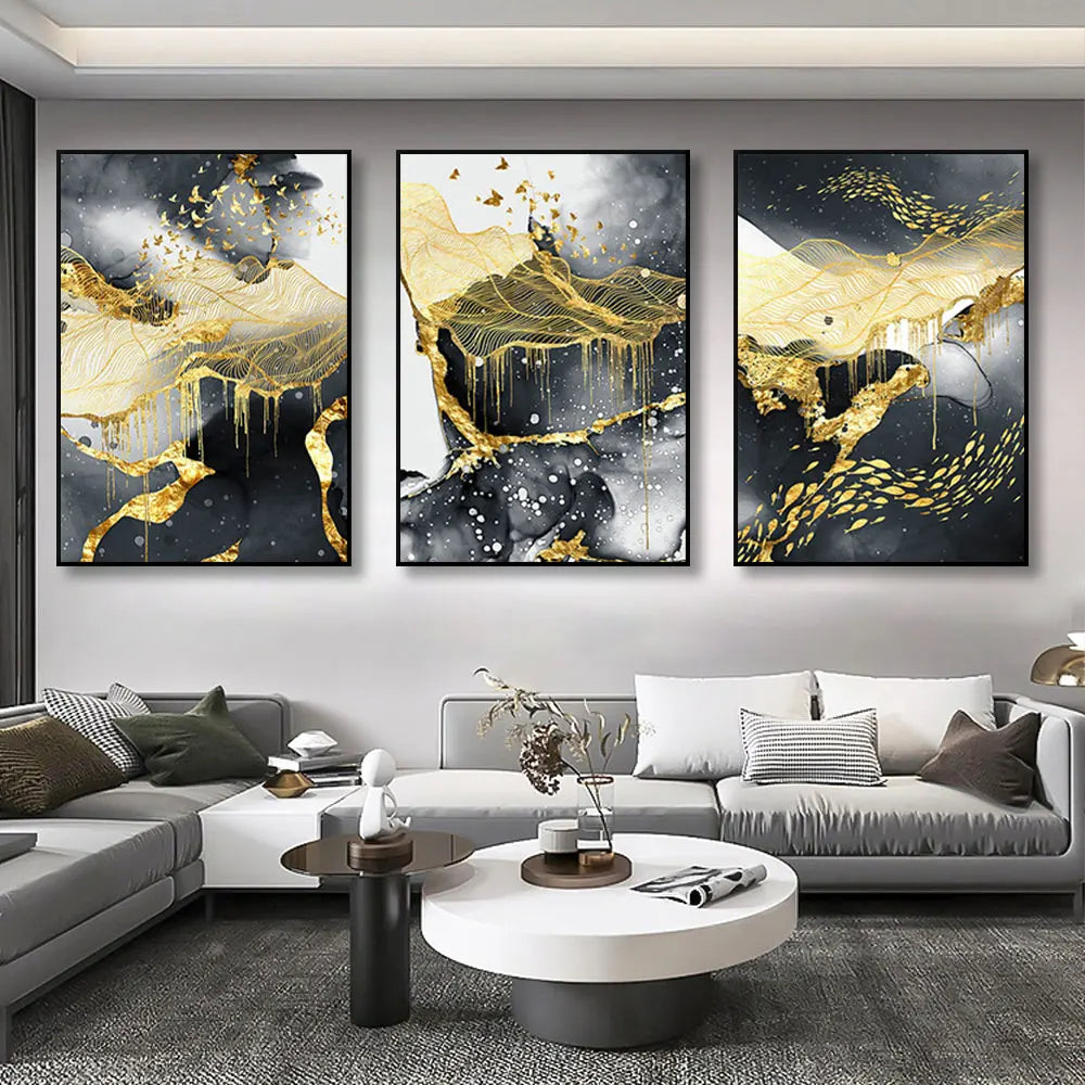 * Featured Sale * Set of 3Pcs Modern Abstract Black Golden Liquid Organic Marble Wall Art 50x70cm Canvas Prints For Home Office Art Decor