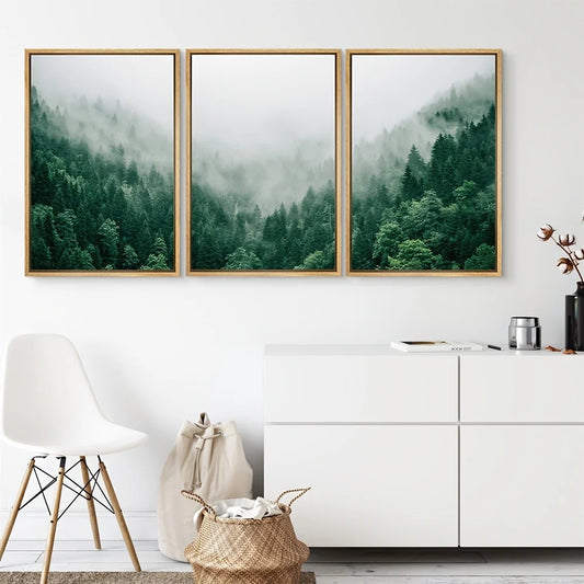 * Featured Sale * Set of 3PCS Misty Forest Landscape Wall Art Fine Art Canvas Prints Inspirational Pictures Of Calm For Living Room Wall Decor