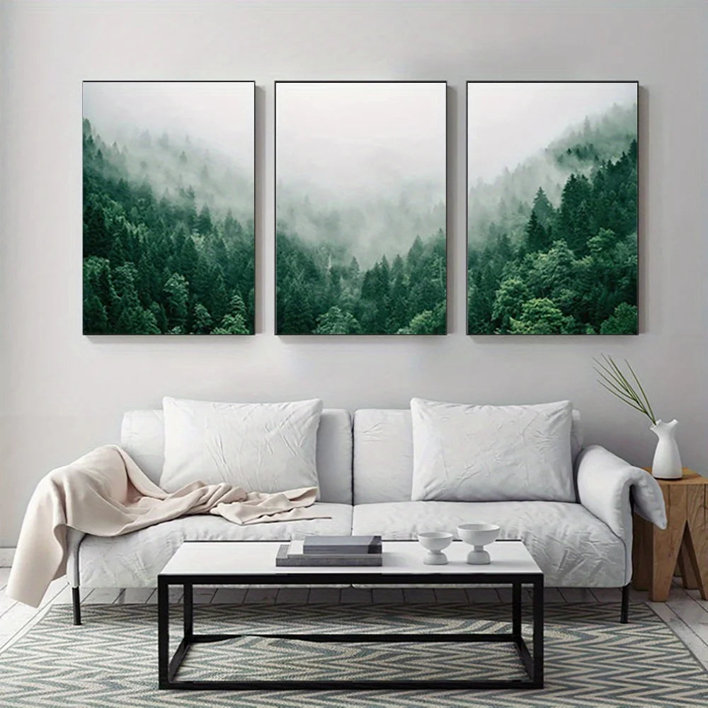 * Featured Sale * Set of 3PCS Misty Forest Landscape Wall Art Fine Art Canvas Prints Inspirational Pictures Of Calm For Living Room Wall Decor