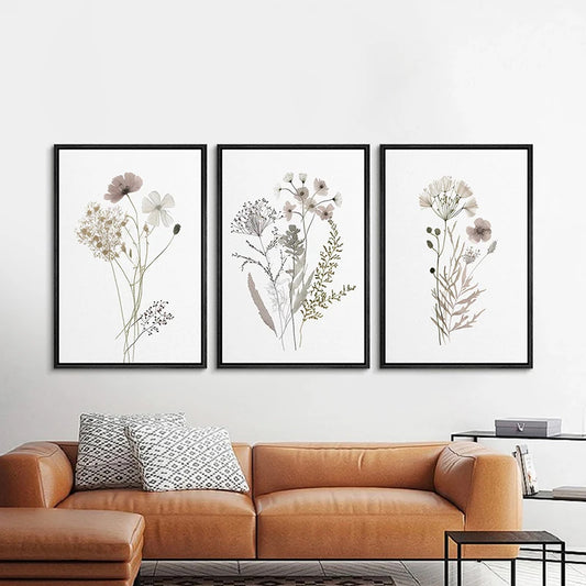 * Featured Sale * Set of 3Pcs Wild Meadow Flowers Wall Art Fine Art Canvas Prints Minimalist Botanical Prints Posters Pictures For Living Room Decor