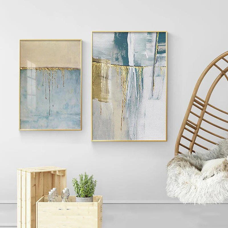 Golden Blue Beige Scandinavian Abstract Wall Art Fine Art Canvas Prints Modern Artworks For Living Room Dining Room Home Office Art Decor