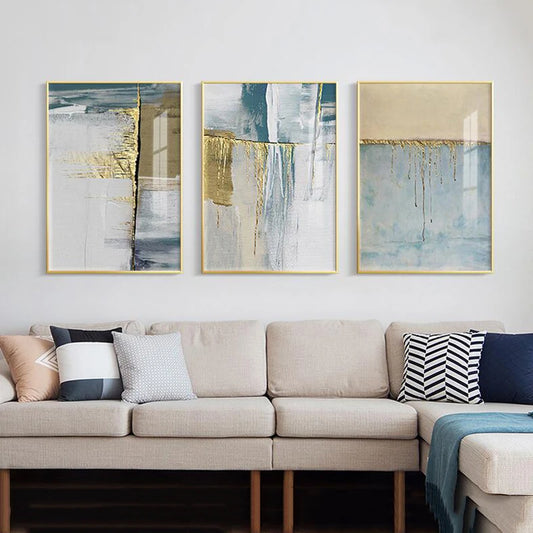 Golden Blue Beige Scandinavian Abstract Wall Art Fine Art Canvas Prints Modern Artworks For Living Room Dining Room Home Office Art Decor